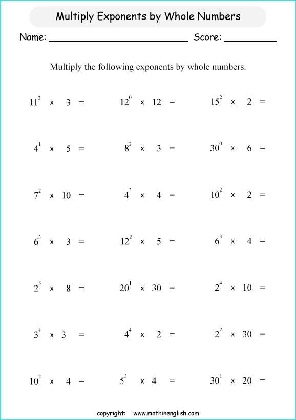 operations with exponents math worksheets for grade 1 to 6 