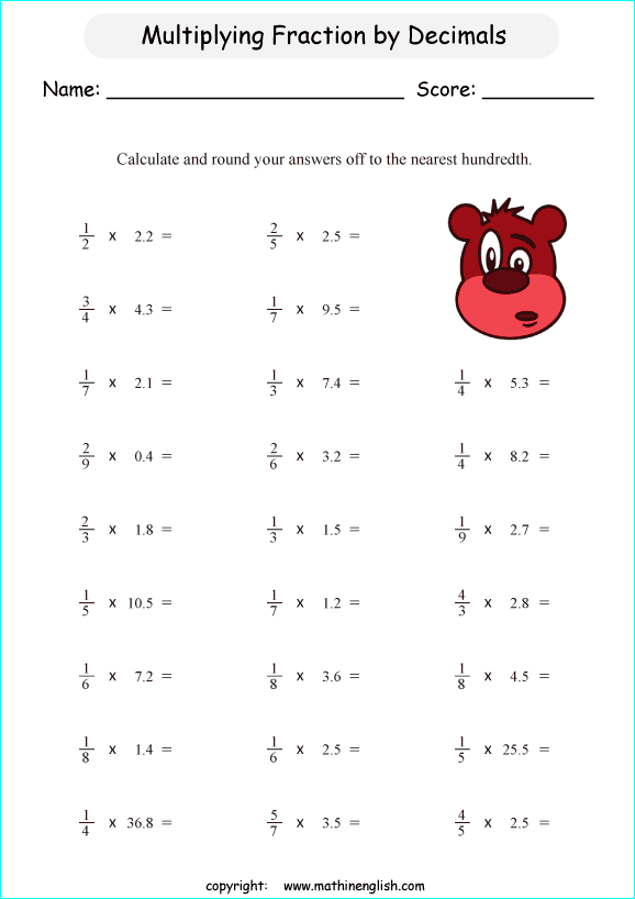 multiplying decimals grade 1 to 6 printable  worksheets 