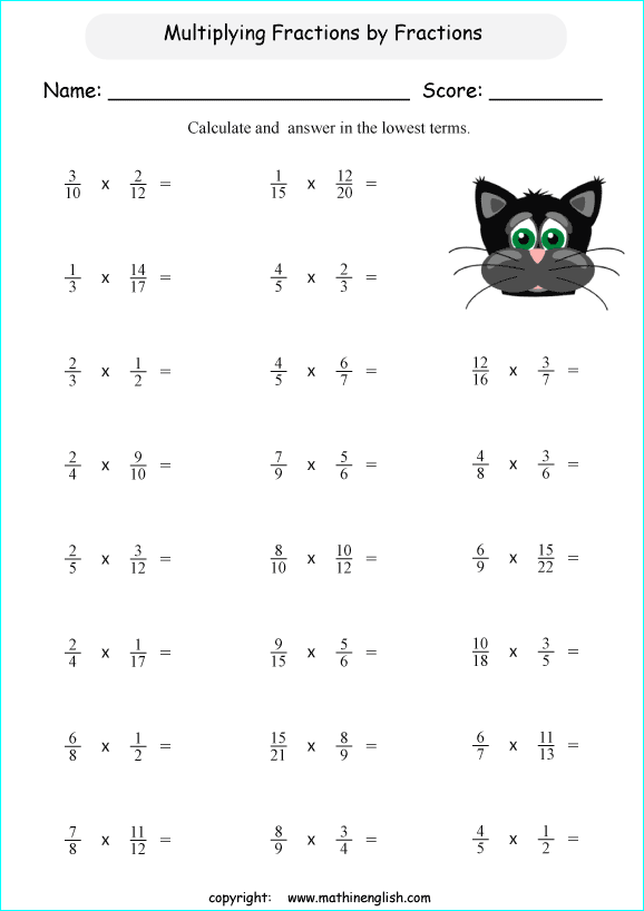 printable math multiplication of fractions worksheets for kids in primary and elementary math class 