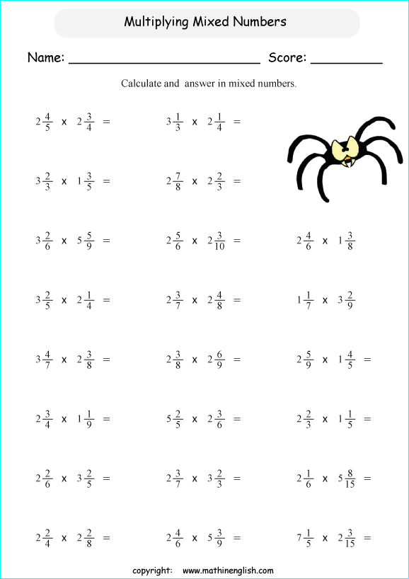 printable math multiplication of fractions worksheets for kids in primary and elementary math class 