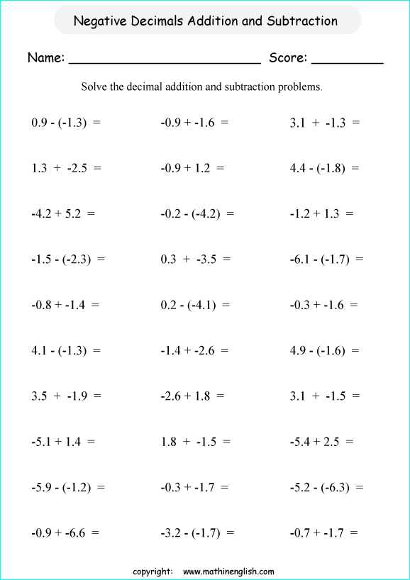 negative decimals and negatve fractions worksheets for primary math