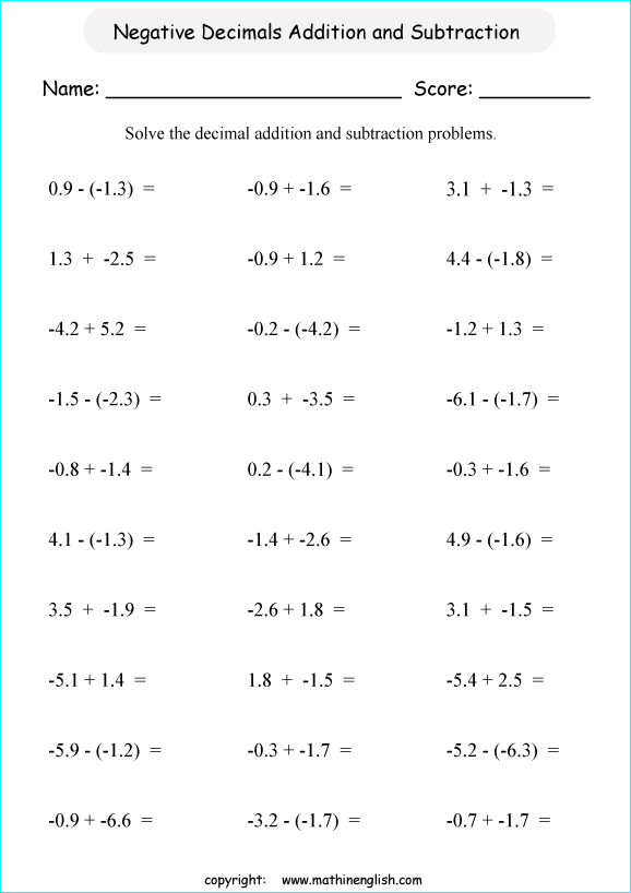 Adding Positive And Negative Decimals Worksheet Gambaran