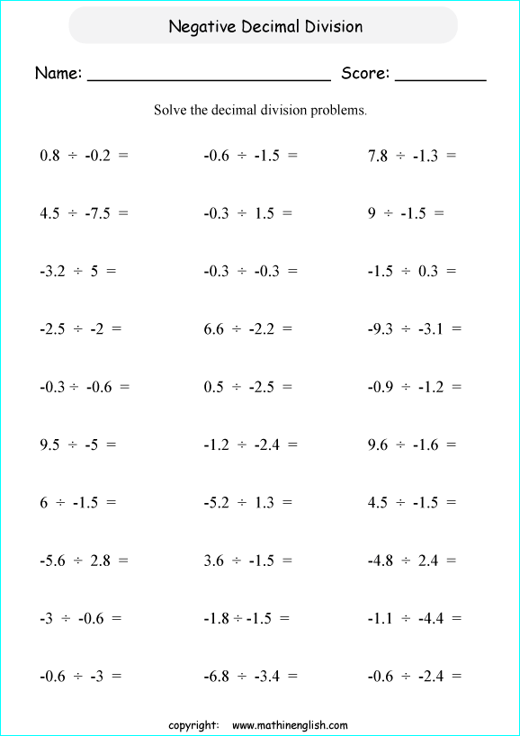 negative decimals and negatve fractions worksheets for primary math