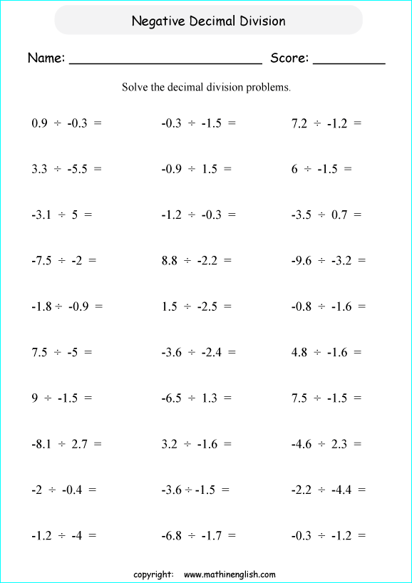 negative decimals and negatve fractions worksheets for primary math