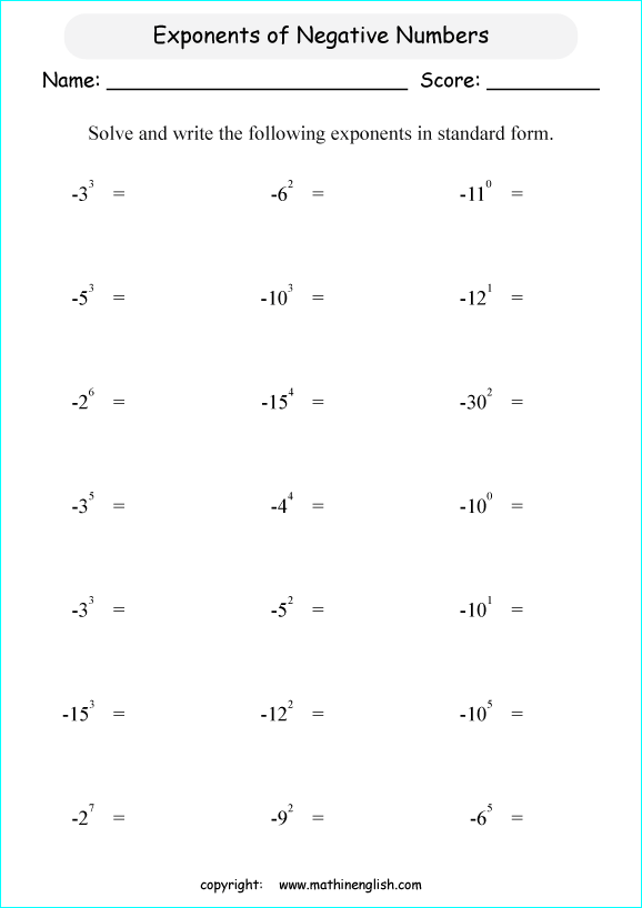  exponents of negative numbers math worksheets for grade 1 to 6 