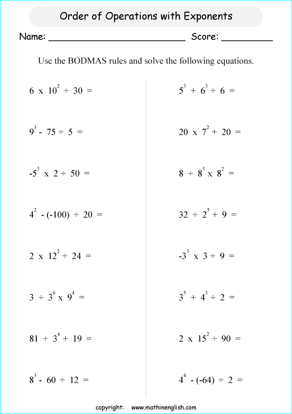 operations with exponents math worksheets for grade 1 to 6 