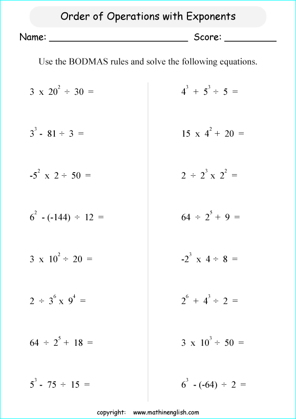 operations with exponents math worksheets for grade 1 to 6 