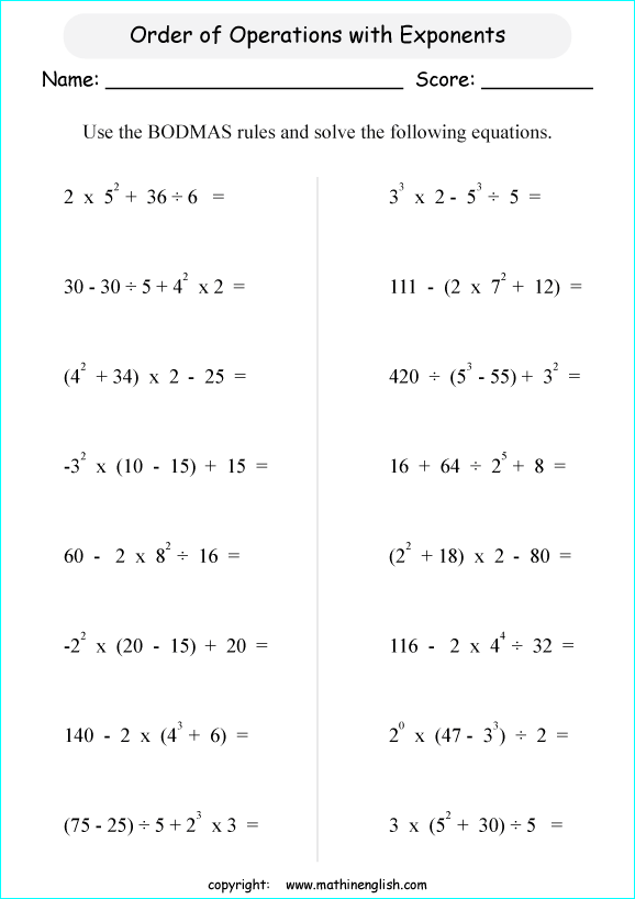 operations with exponents math worksheets for grade 1 to 6 