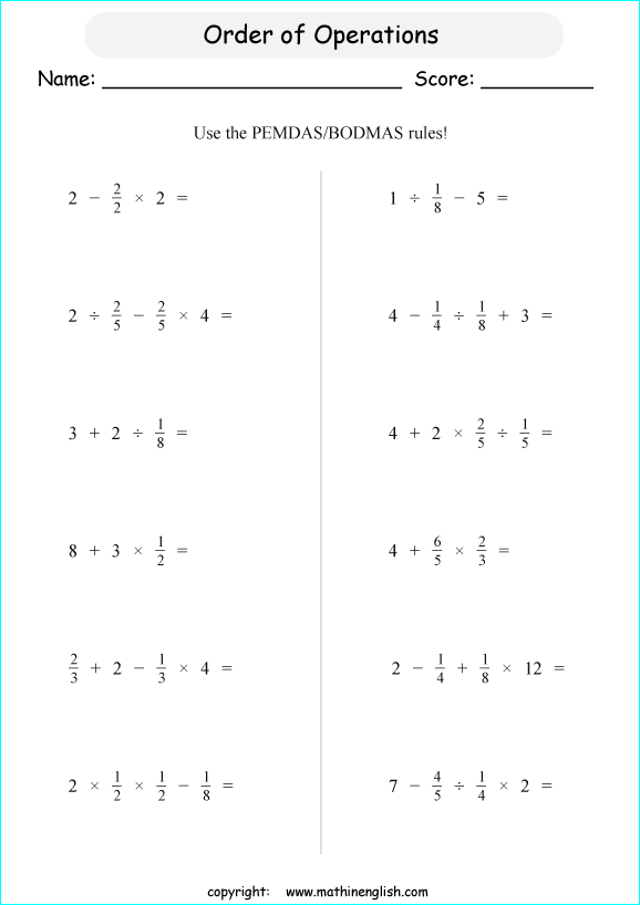 order of operations with exponents worksheets for grade 1 to 6 