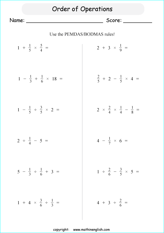 order of operations with exponents worksheets for grade 1 to 6 