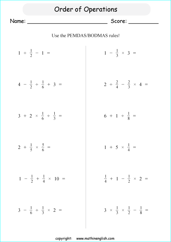 order of operations with exponents worksheets for grade 1 to 6 