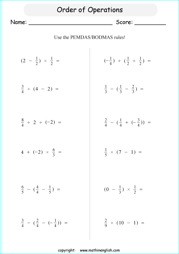 order of operations with exponents worksheets for grade 1 to 6 