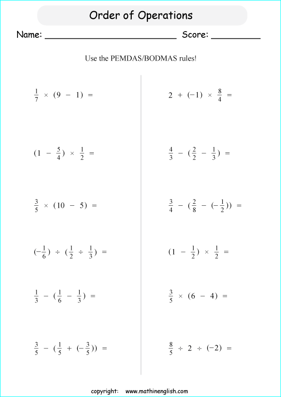 order of operations with exponents worksheets for grade 1 to 6 