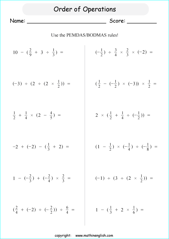 order of operations with exponents worksheets for grade 1 to 6 