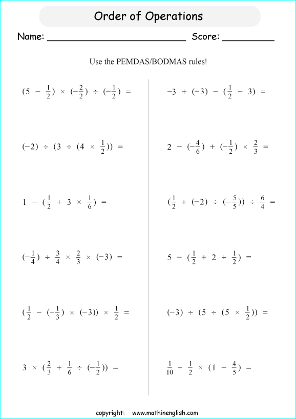 order of operations with exponents worksheets for grade 1 to 6 