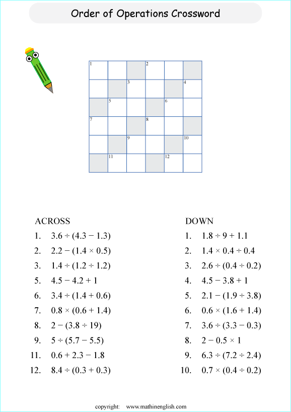 order of operations BODMAS crossword worksheets for grade 1 to 6 