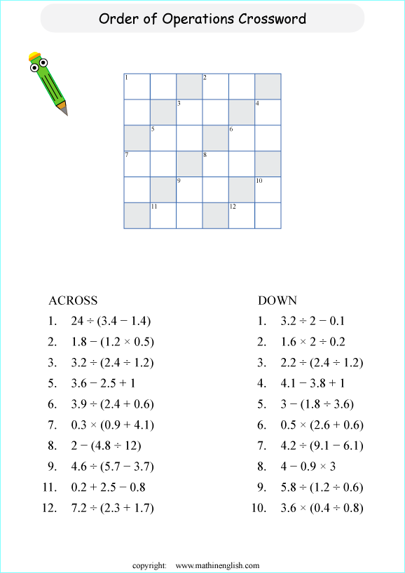 order of operations BODMAS crossword worksheets for grade 1 to 6 