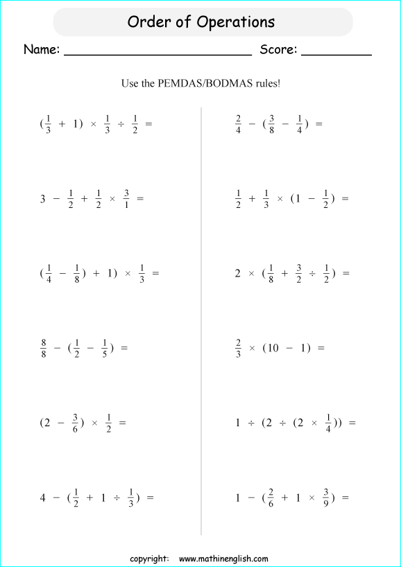 order of operations with exponents worksheets for grade 1 to 6 