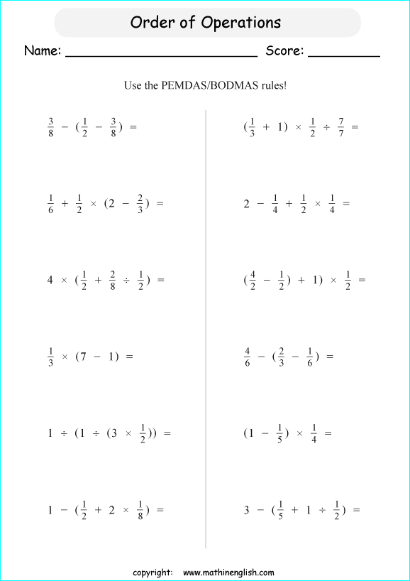 fractions bodmas worksheets