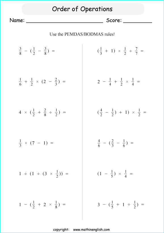 order of operations with exponents worksheets for grade 1 to 6 