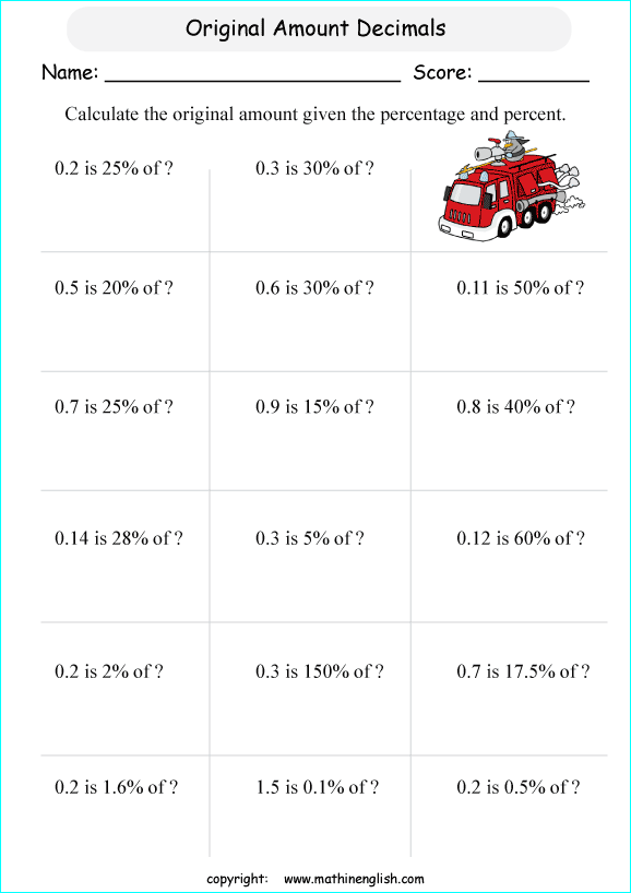 percentage decimals conversion math worksheets for grade 1 to 6 