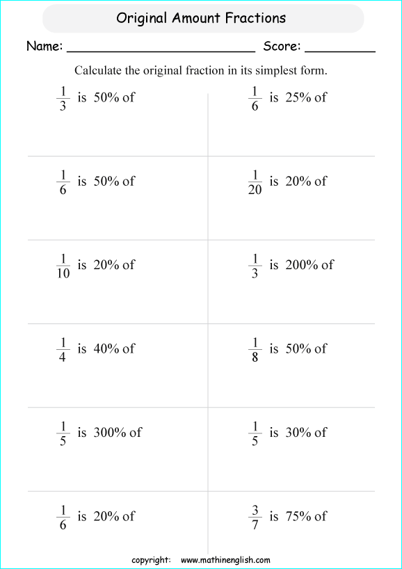 percentage of fractions math worksheets for grade 1 to 6 