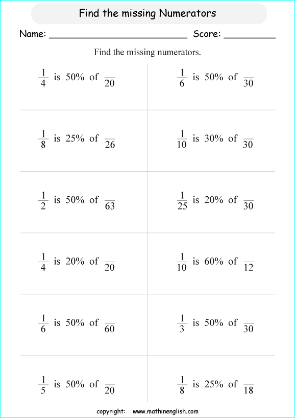 percentage of fractions math worksheets for grade 1 to 6 