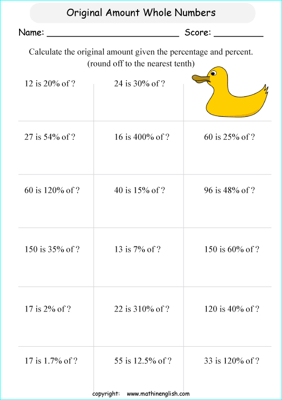 original amount percentage math worksheets for grade 1 to 6 