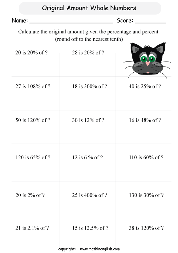 original amount percentage math worksheets for grade 1 to 6 