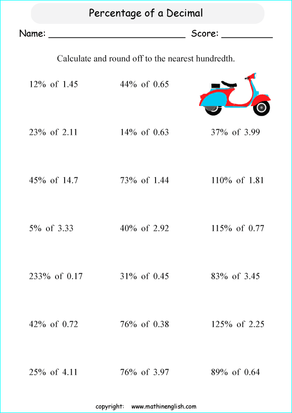 percentage decimals conversion math worksheets for grade 1 to 6 