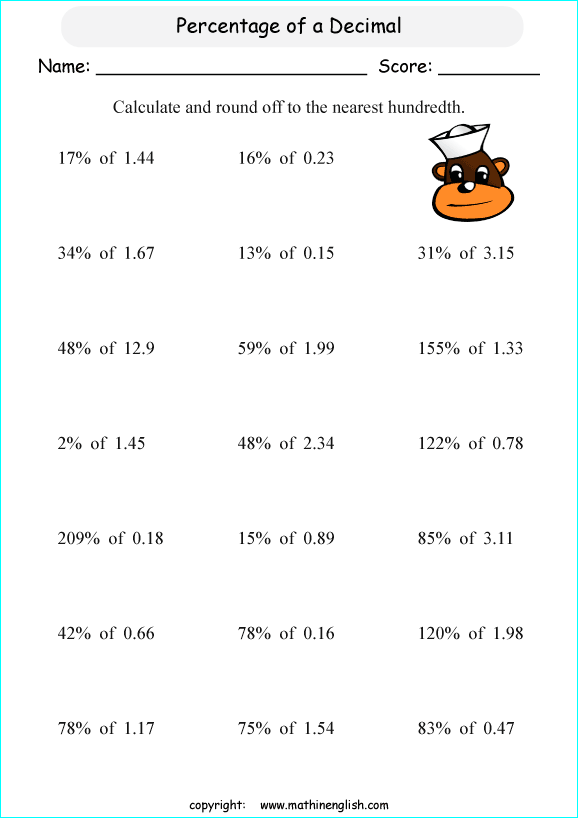 percentage decimals conversion math worksheets for grade 1 to 6 