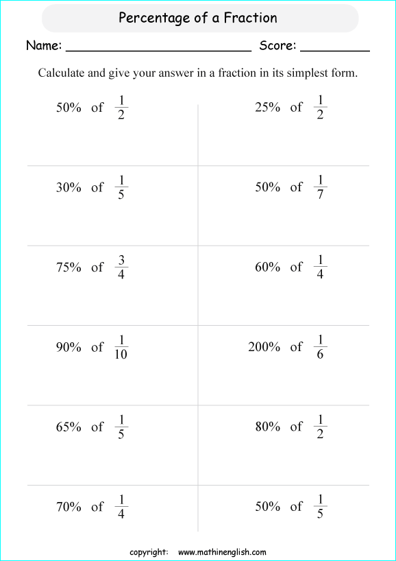 percentage of fractions math worksheets for grade 1 to 6 