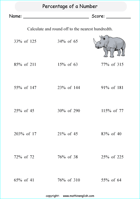 caculate percentage rounding off math worksheets for grade 1 to 6 