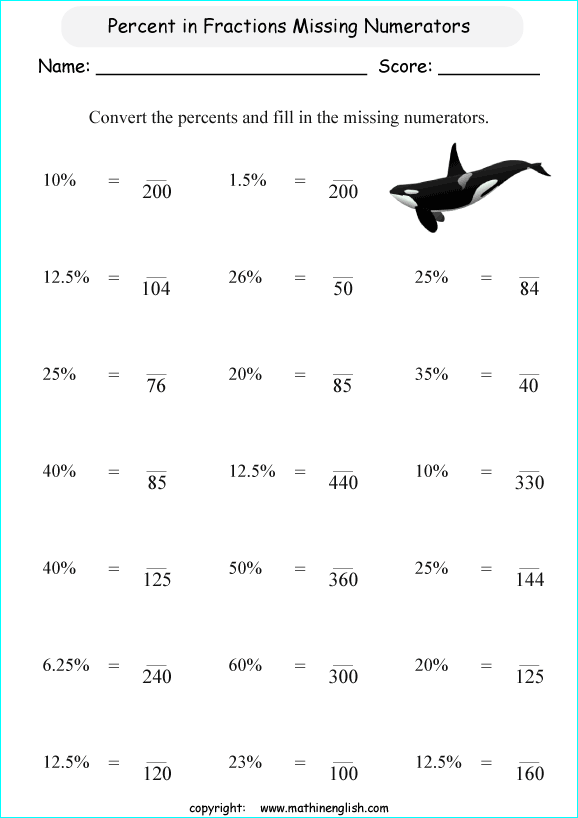 printable fraction conversion in percents worksheets for kids in primary and elementary math class 