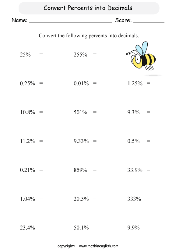 percentage decimals conversion math worksheets for grade 1 to 6 