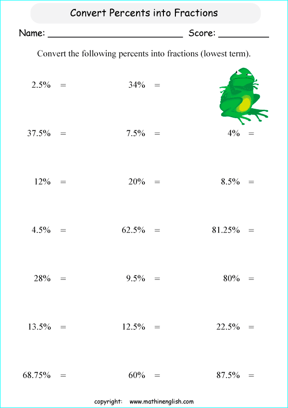 percentage  fractions conversion math worksheets for grade 1 to 6 