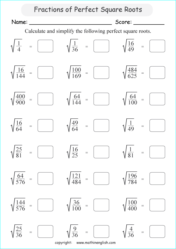 square roots of fractions math worksheets for grade 1 to 6 