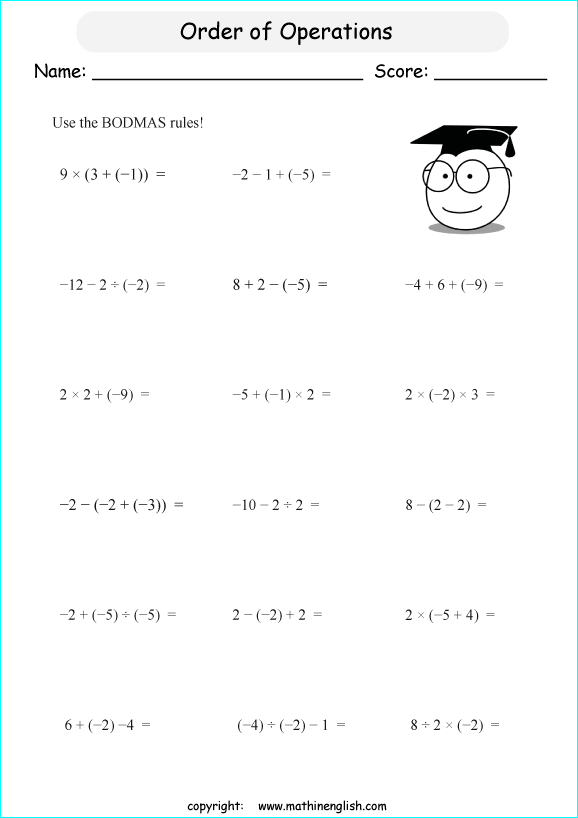 order of operations with positve and negative integers worksheets for grade 1 to 6 