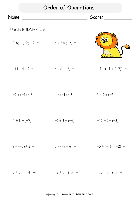 order of operations with positve and negative integers worksheets for grade 1 to 6 