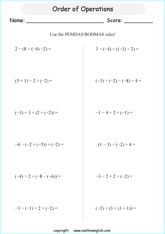 order of operations with positve and negative integers worksheets for grade 1 to 6 