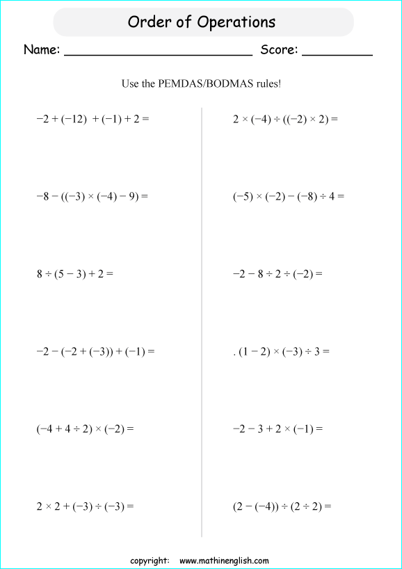 order of operations with positve and negative integers worksheets for grade 1 to 6 