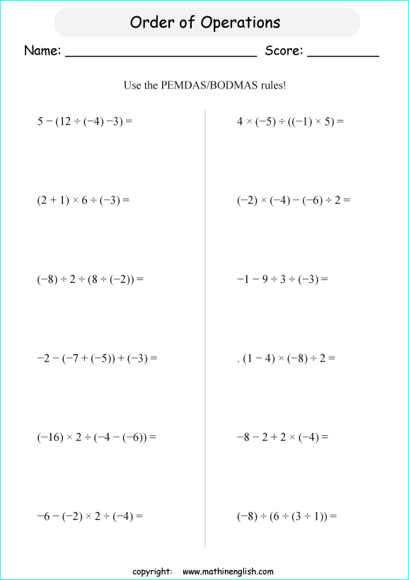 order of operations with positve and negative integers worksheets for grade 1 to 6 