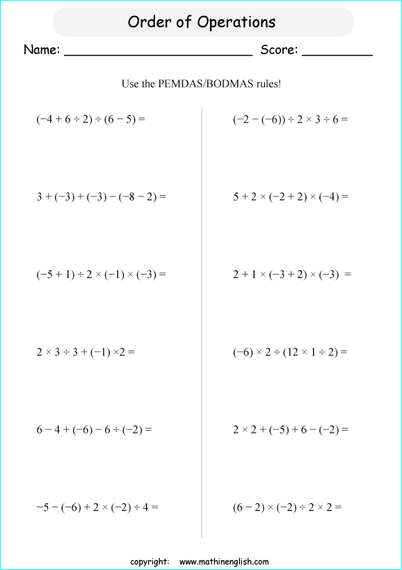 order of operations with positve and negative integers worksheets for grade 1 to 6 