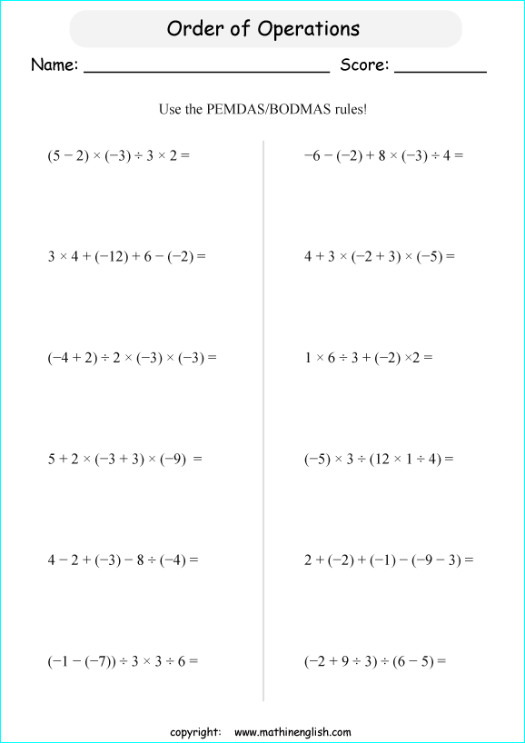 order of operations with positve and negative integers worksheets for grade 1 to 6 