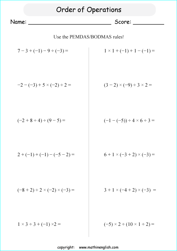 order of operations with positve and negative integers worksheets for grade 1 to 6 