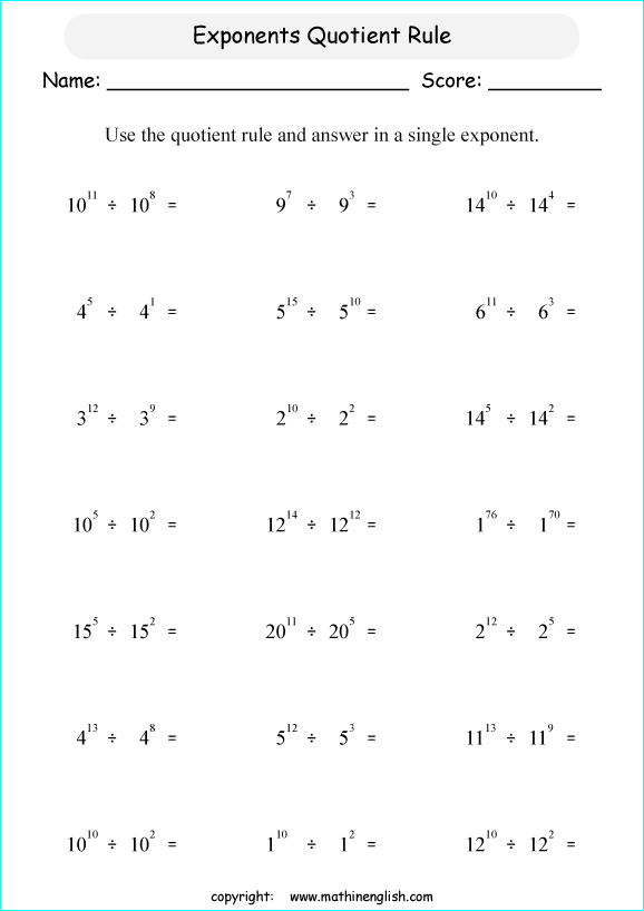 printable math dividing exponents worksheets for kids in primary and elementary math class 