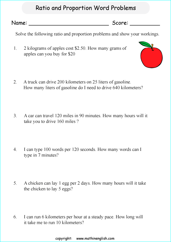 calculating proportions math worksheets for grade 1 to 6 