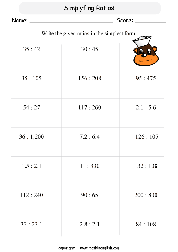 simplifying ratios math worksheets for grade 1 to 6 