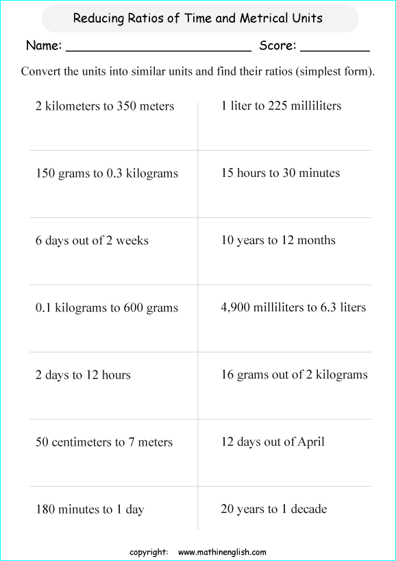 simplifying ratios math worksheets for grade 1 to 6 