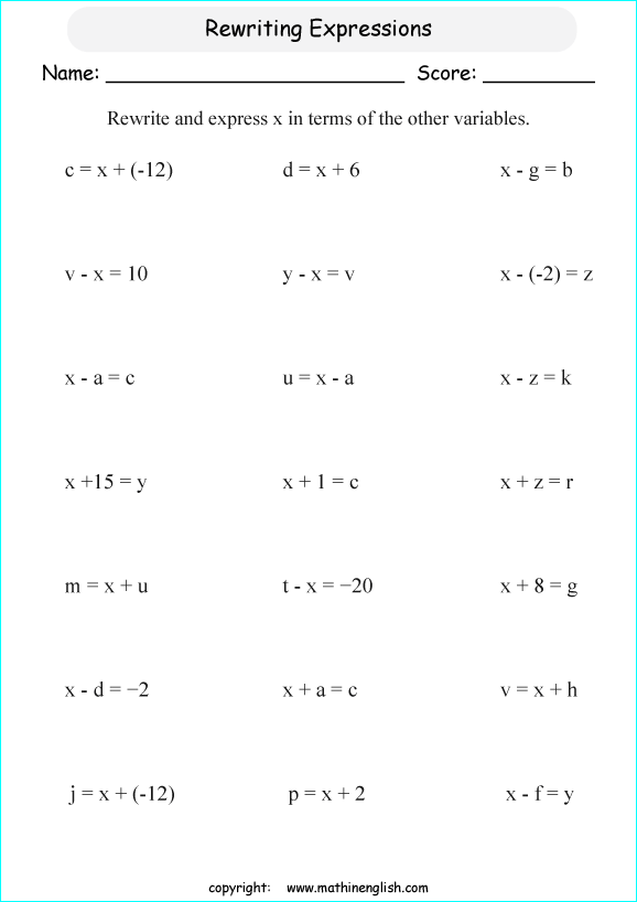 writing algebraic expressions worksheets for primary math